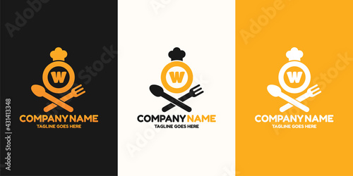 Initial letter W food Logo Design Template. Illustration vector graphic. Design concept fork,spoon and chef hat With letter symbol. Perfect for cafe, restaurant, cooking business