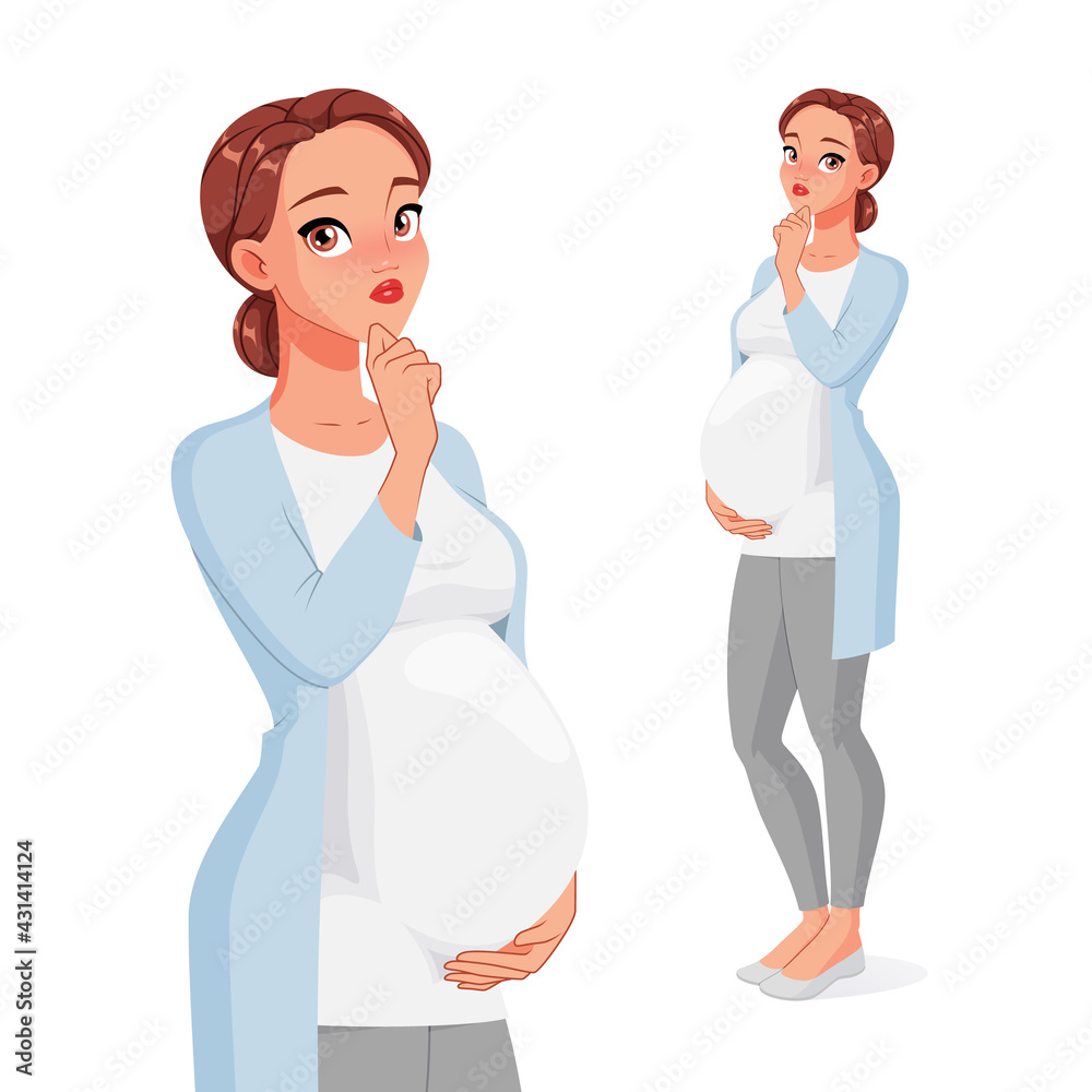 Pondered pregnant woman with hand on her chin. Vector character. Pondered pregnant woman with hand on her chin. Vector character.