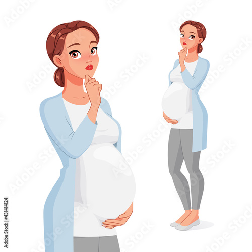 Pondered pregnant woman with hand on her chin. Vector character.