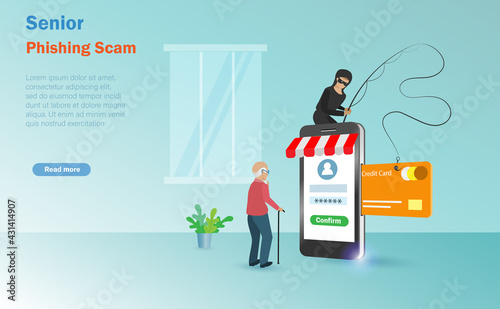 Hacker online phishing credit card information from senior old man.