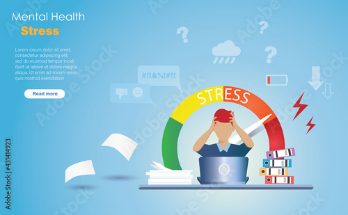 Mental health, stress, anxiety disorder. Headached businessman working overload at office with stress level at risk. Tension emotional in business lifestyle.