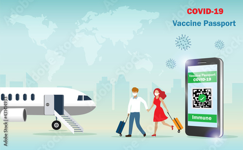 Covid-19 vaccine passport on smartphone with QR code immune certified  for traveling. Man and woman with luggages travel by airplane with vaccine passport on smartphone.