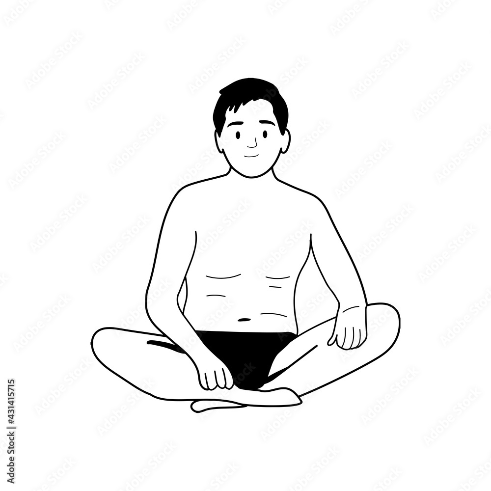 man in lotus position in swimming trunks sits. vector sketch. eps man in lotus position in swimming trunks sits. vector sketch. eps
