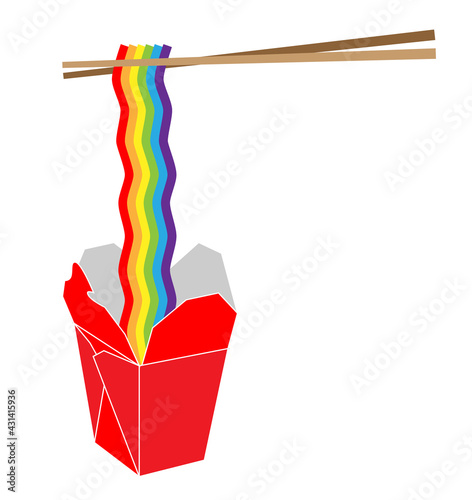 Rainbow noodles held up with chopsticks, coming out of a Chinese food box. Colorful illustration with vector 