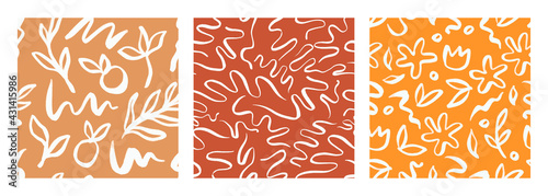 Abstract seamless pattern bundle with natural shapes, random freehand line scribble wallpaper collection. Trendy background includes modern minimalist art, tropical fruit and exotic summer doodle. 