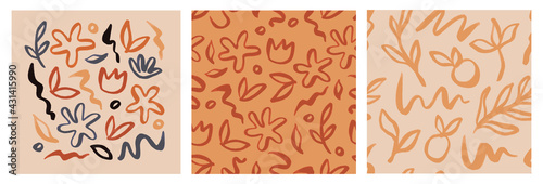 Abstract seamless pattern bundle with natural shapes, random freehand line scribble wallpaper collection. Trendy background includes modern minimalist art, tropical fruit and exotic summer doodle. 