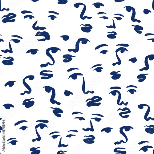 Abstract hand drawn woman face seamless pattern illustration of line girl head doodles. Modern female portrait background design with freehand cartoon.