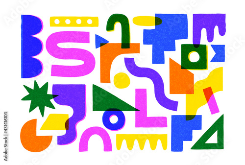 Big set of colorful geometric shapes in trendy riso graph print texture style. Diverse geometry isolated symbol bundle. Basic elements for children or creative design.
