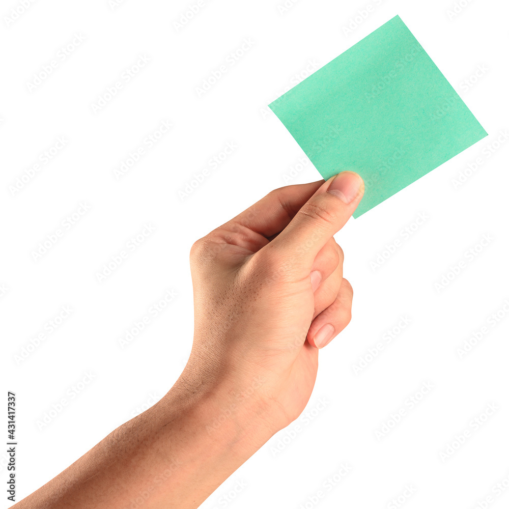 Male caucasian hand hold virtual business card, credit card or blank paper isolated on white background.	