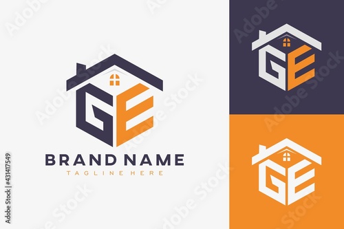 hexagon GE house monogram logo for real estate, property, construction business identity. box shaped home initiral with fav icons vector graphic template photo