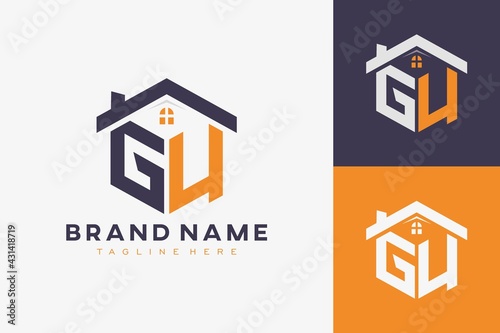 hexagon GU house monogram logo for real estate, property, construction business identity. box shaped home initiral with fav icons vector graphic template photo