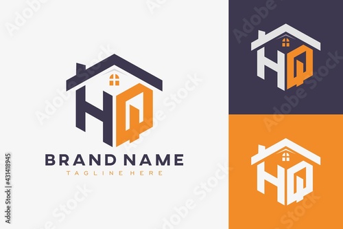 hexagon HQ house monogram logo for real estate, property, construction business identity. box shaped home initiral with fav icons vector graphic template