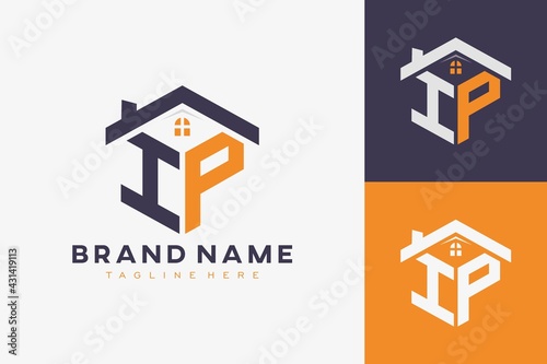 hexagon IP house monogram logo for real estate, property, construction business identity. box shaped home initiral with fav icons vector graphic template