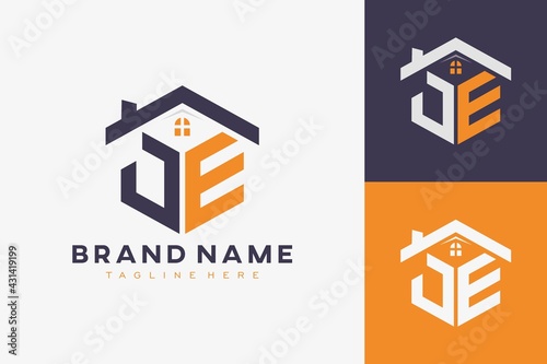 hexagon JE house monogram logo for real estate, property, construction business identity. box shaped home initiral with fav icons vector graphic template