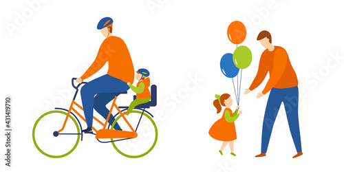 Father with daughter and son. Father's Day holiday. Vector set of flat illustrations on an isolated white background. A parent rides a bicycle with a boy. The girl meets and congratulates her father.