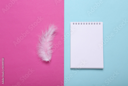 Feather and notebook on pink blue background. Minimalism. Top view. Flat lay © splitov27