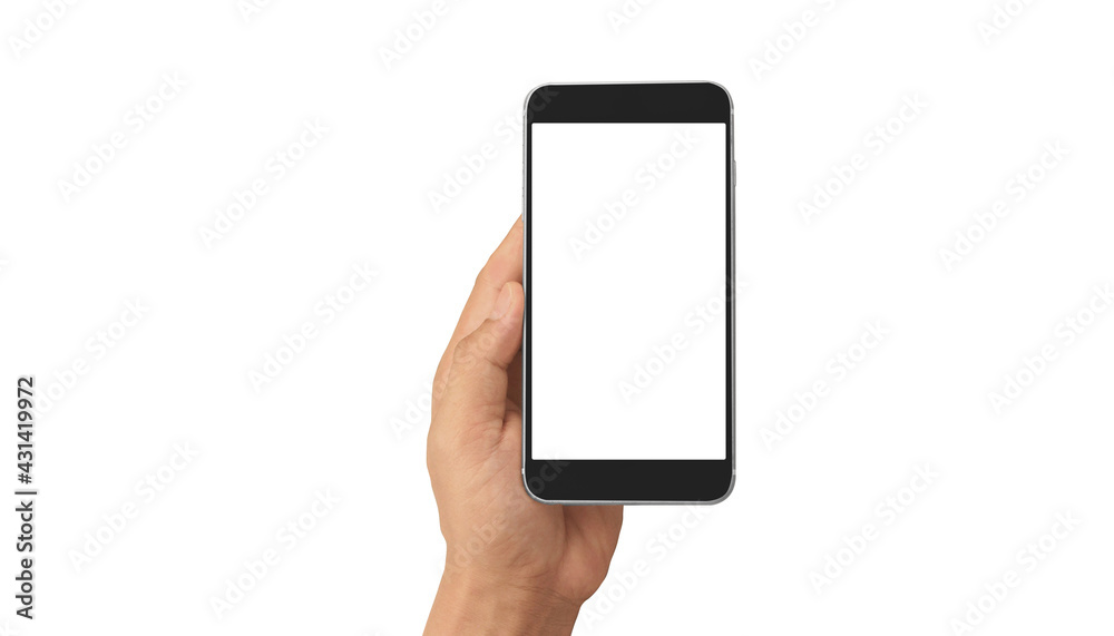 Hand holding smartphone device touching screen Hand holding smartphone device touching screen