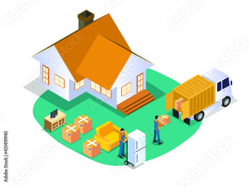 Moving service vector concept. Two workers loading and unloading furniture from a truck while moving to new house