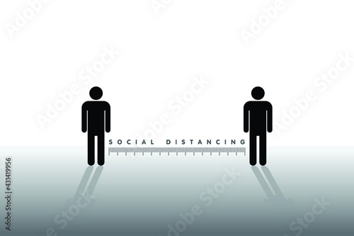 Two people icon standing keep distance with the word social distancing in between concept  New normal concept  People keeping distance for infection risk and disease Coronavirus.