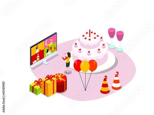 Party online vector concept. Young woman celebrating her birthday party with her friends while doing video call by using computer