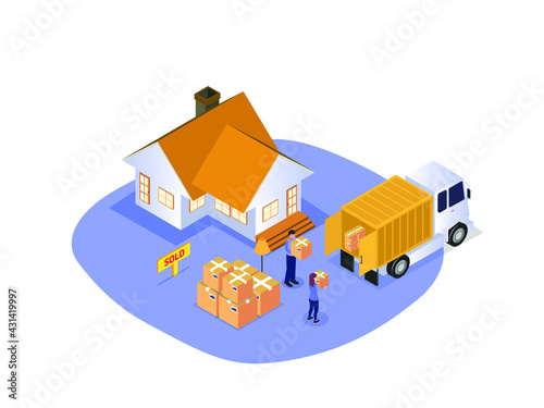 Moving house vector concept. Young couple carrying cardboard boxes into a truck while moving to new house