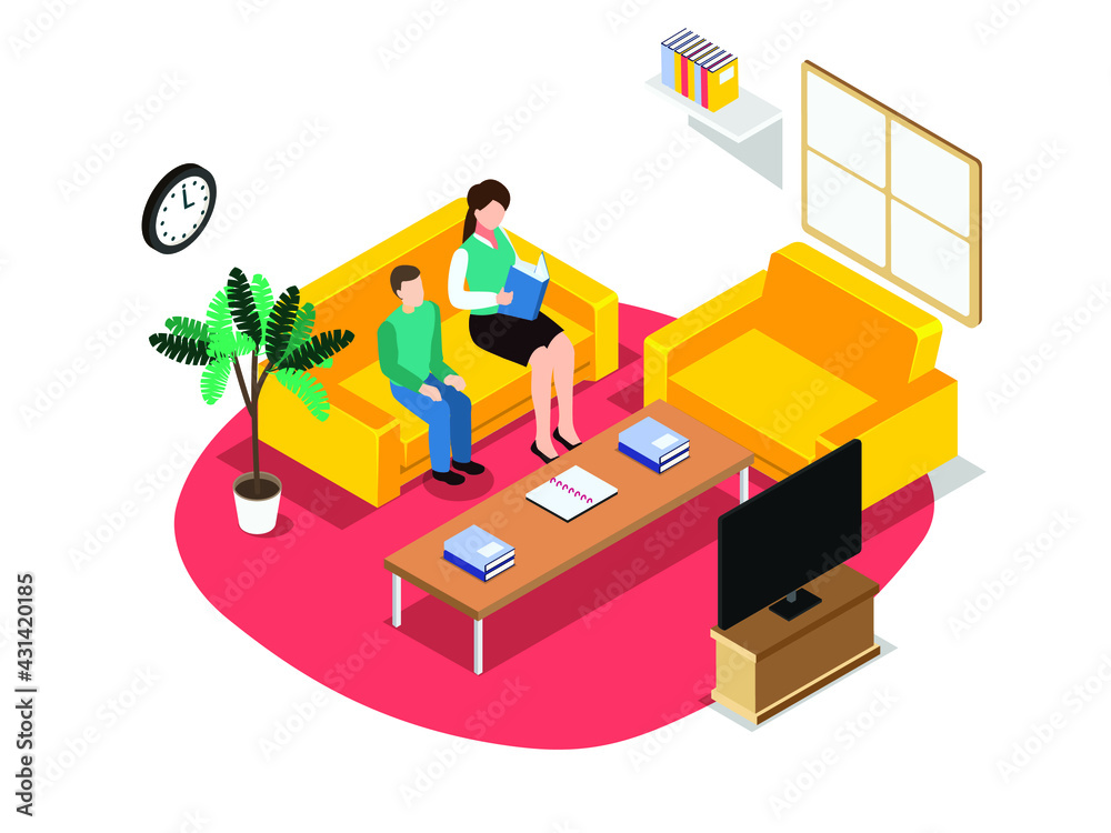 Motherhood vector concept. Little boy studying with his mother and sitting in the living room while doing study from home