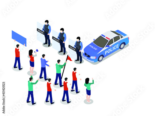 Police activity vector concept. Group of riot police making line and holding shield while standing with crowd people at demonstration