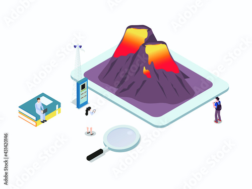 Volcano disaster vector concept. Group of scientists monitoring volcano eruption while working with disaster warning system