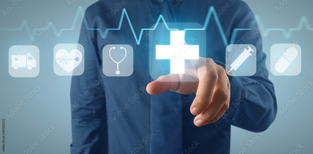Hand double exposure of healthcare And Medicine concept