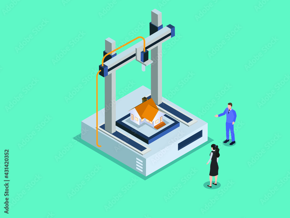 3D print vector concept. Two business people creating house by 3d printer