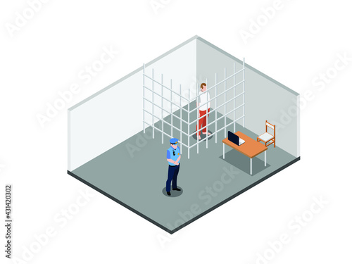 Police activity vector concept. Policeman guarding prisoners in cells of police department