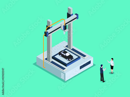 3D print vector concept. Two business people creating car by 3d printer while standing together