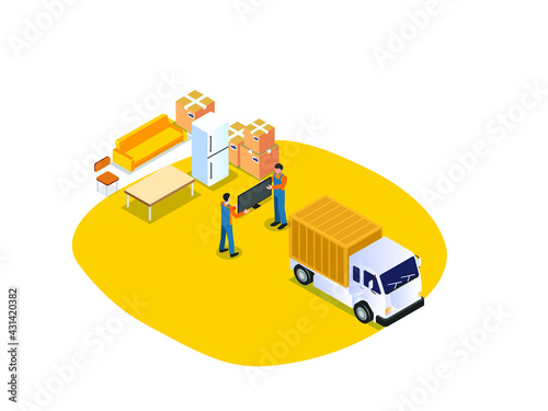 Moving service vector concept. Two movers loading and unloading television and cardboard boxes from a truck while moving to new house