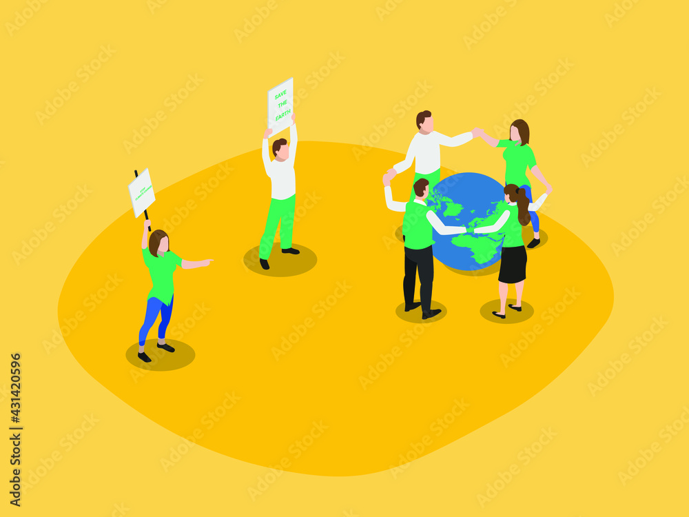 Save world vector concept: Group of activists surrounding the earth while doing demonstration for save earth and preventing climate change Save world vector concept: Group of activists surrounding the earth while doing demonstration for save earth and preventing climate change
