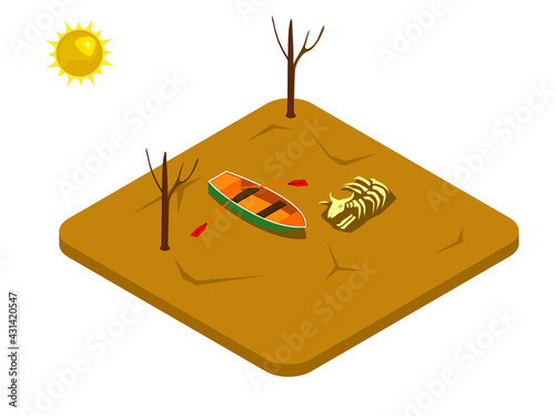 Natural disaster vector concept. Cracked soil with cow skull and boat impacted by drought disaster