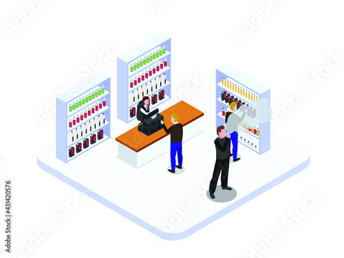 Vape store vector concept: Male customers buying electric cigarette product in the vape store