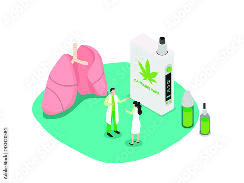 Cannabis legalization vector concept. Two doctors doing anatomy on the sick lungs while standing with electric cigarette