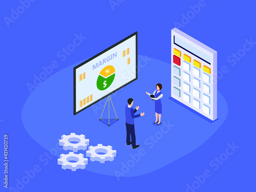 Margin diagram vector concept. Two business people analyzing margin diagram while standing with calculator