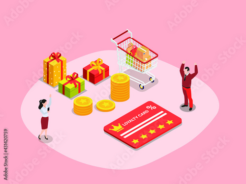Loyalty card vector concept. Two loyal customer feeling happy while getting loyalty card and standing with money and gift boxes from the store