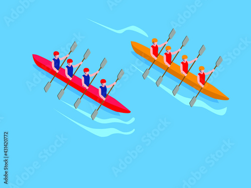 Rowing competition vector concept. Two rowing teams doing competition on the river