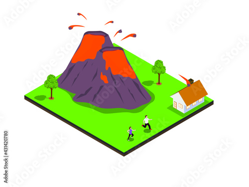 Natural disaster vector concept. Two scared people running and saving away from volcano eruption