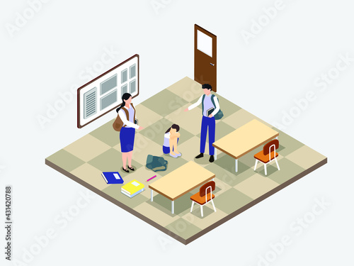 Bullying vector concept. Two students bullying their sad friend while standing in the classroom