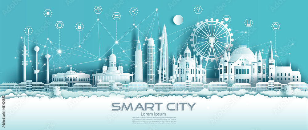 Technology wireless network communication smart city with icon in Finland.