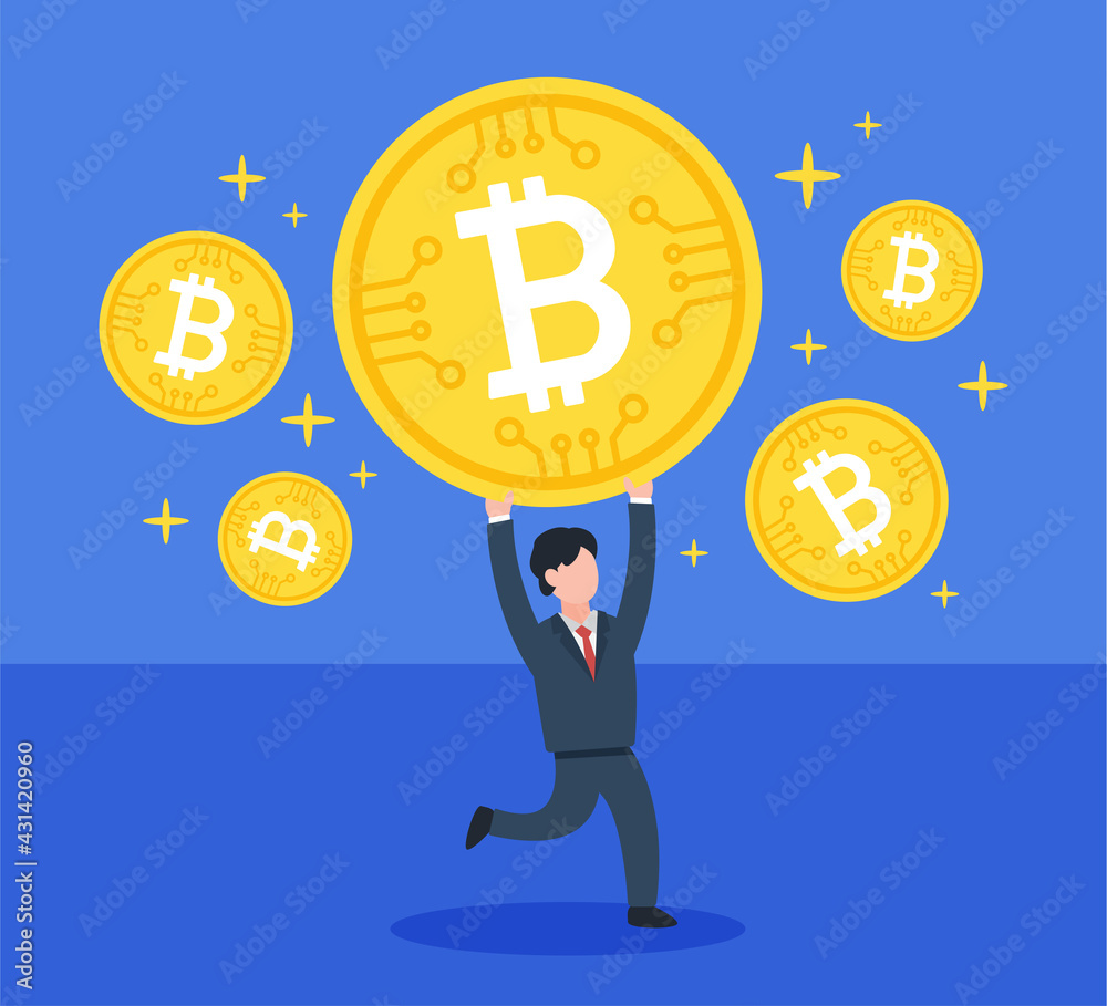 Businessman holding a bitcoin overhead. Creative technology concept of cryptocurrency investment. Symbol of digital coin. Simple trendy cute vector illustration. Modern flat style graphic design. Businessman holding a bitcoin overhead. Creative technology concept of cryptocurrency investment. Symbol of digital coin. Simple trendy cute vector illustration. Modern flat style graphic design.