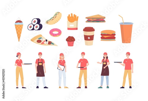 Fast food workers and traditional takeaway food a set flat vector illustrations.