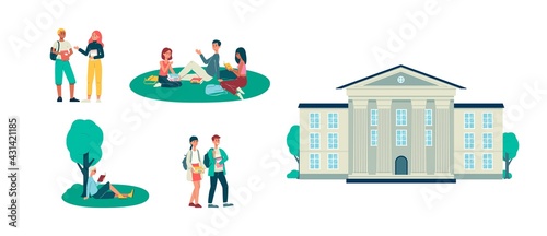 Set of students and university building, flat vector illustration isolated.