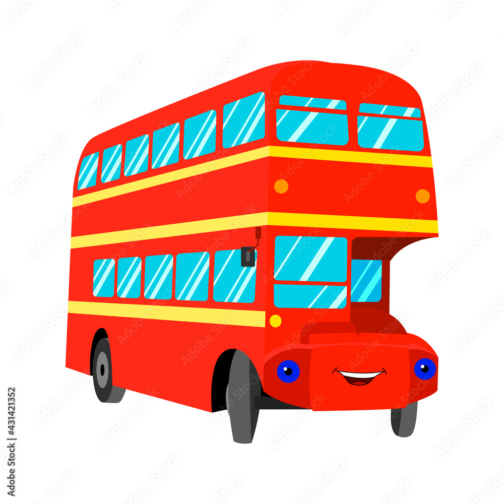 cartoon red bus with eyes. Double-decker bus, passenger. Urban ...