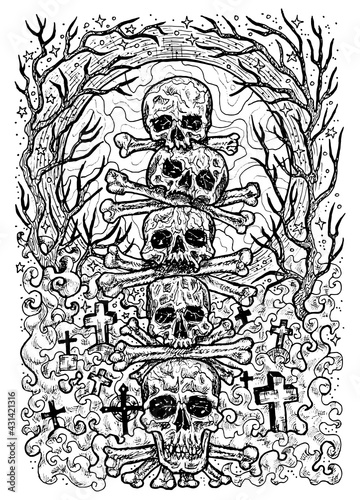 Black and white engraved illustration of scary skulls and bones in cemetery with graves, evil trees and fool moon. Mystic background for Halloween, esoteric, gothic, occult concept, tattoo sketch