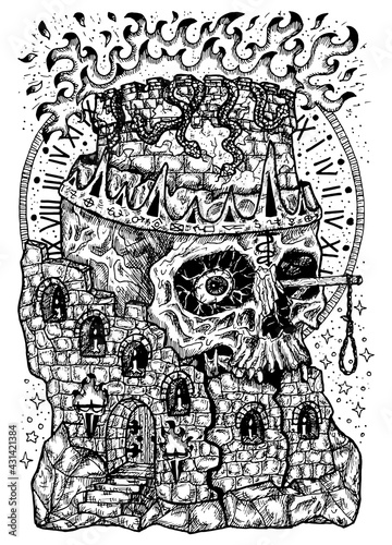 Black and white engraved illustration of destroyed tower and scary scull with flame, gallows and crown. Mystic background for Halloween, esoteric, gothic, occult concept, tattoo sketch