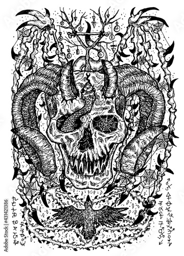 Black and white engraved illustration of scary devil or demon with horns, wings, evil symbols and pentagram. Mystic background for Halloween, esoteric, gothic, occult concept, tattoo sketch